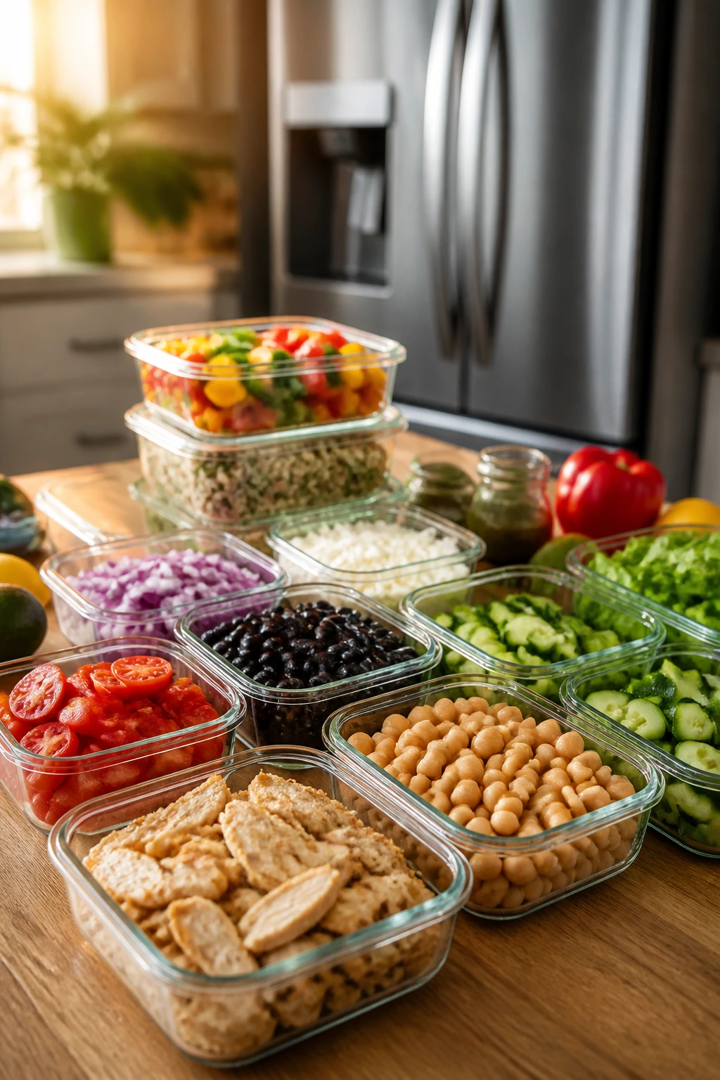 Close-up of glass storage containers with chopped ingredients on a kitchen counter