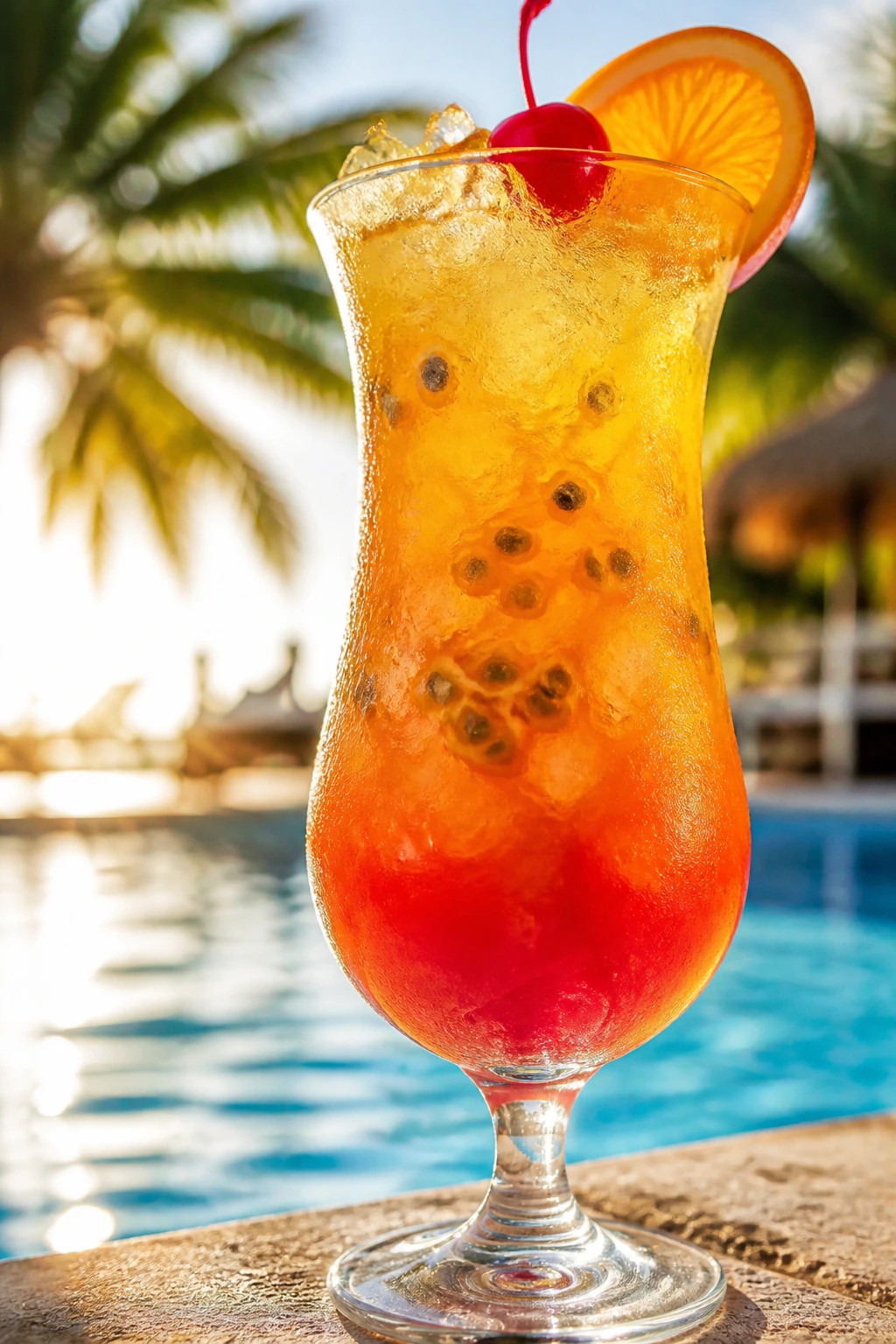 Close-up of Nonalcoholic Hurricane in a hurricane glass by a poolside