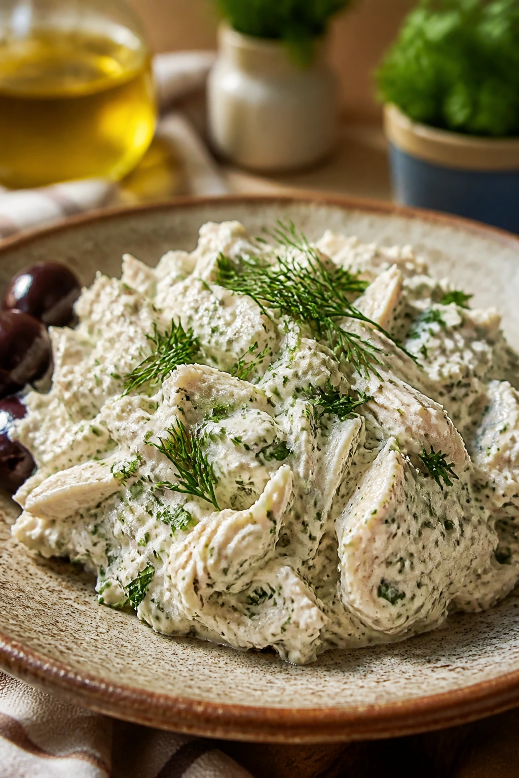 Plated creamy chicken salad with dill and parsley garnish on a rustic plate in a Mediterranean kitchen