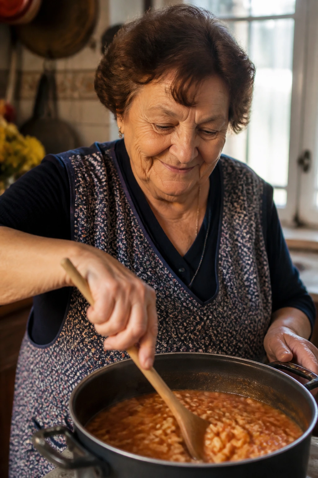 Portrait of a real Italian grandmother cooking in a warm kitchen
