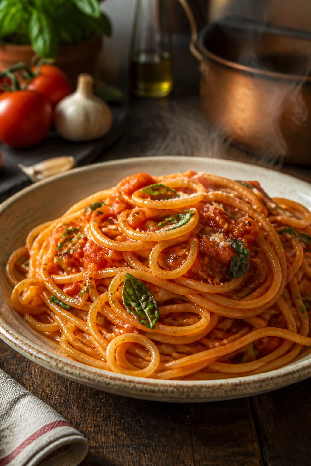 Steaming plate of pasta al pomodoro with basil on a rustic plate.