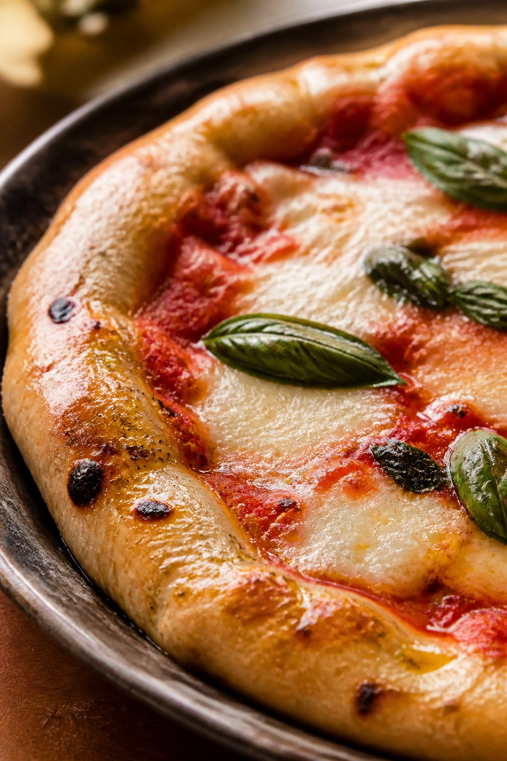 Close-up of Nonna’s style pizza with basil on top