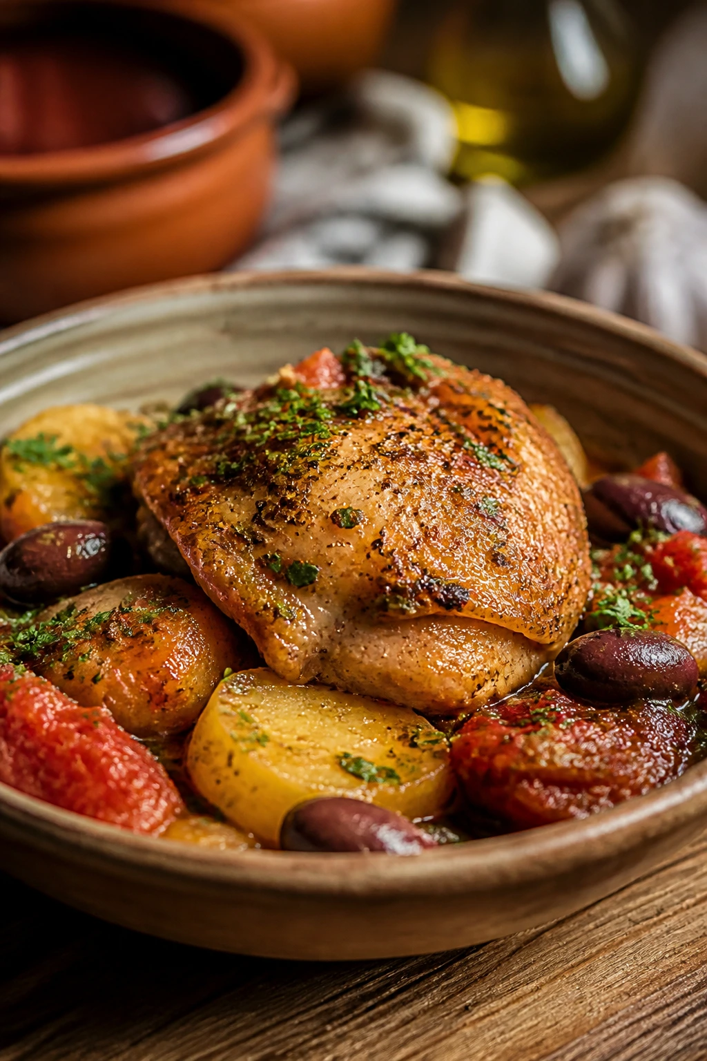 Close-up of a plated Mediterranean chicken with potatoes and tomato-olive sauce