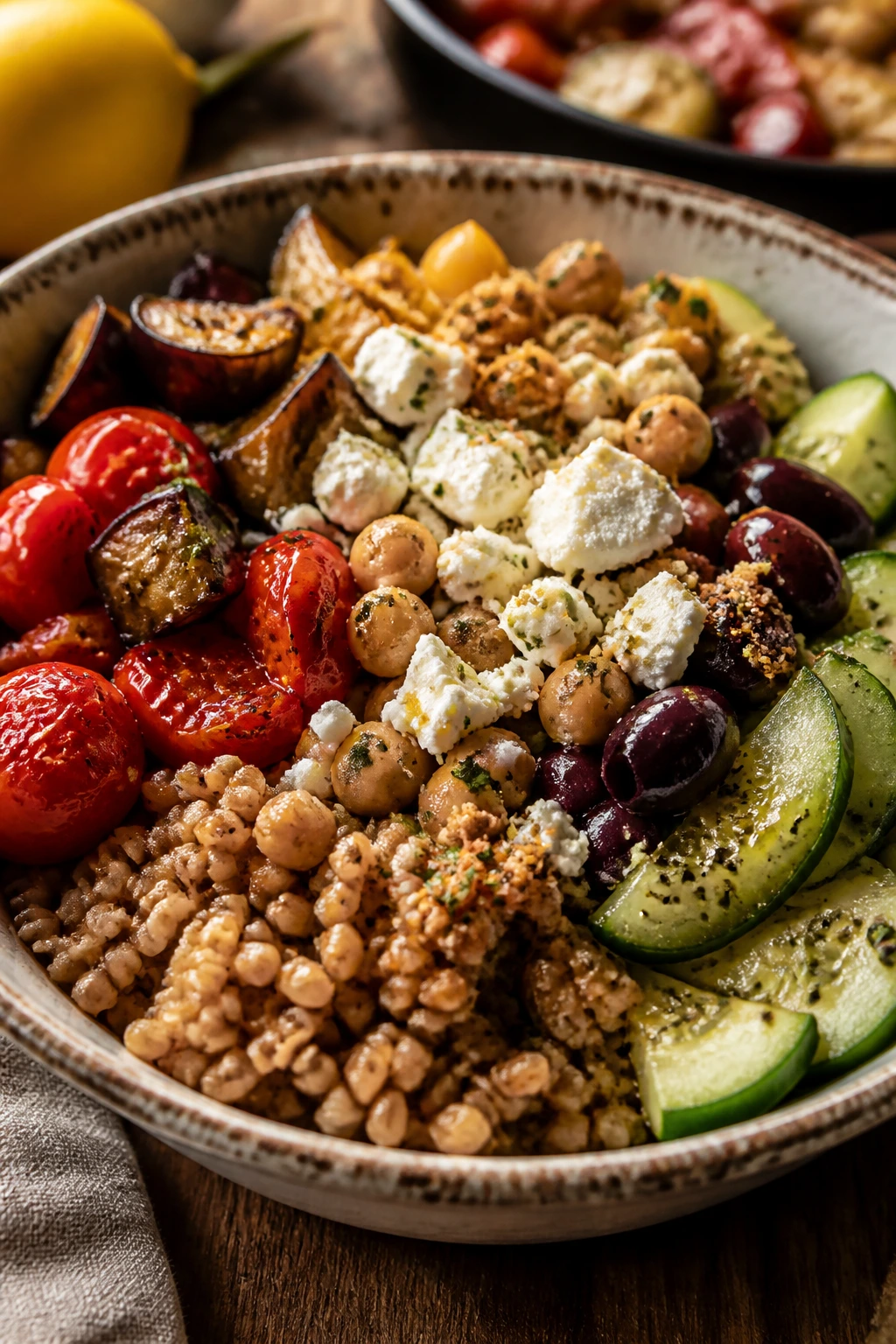 Close-up of Nonna-inspired rustic Mediterranean bowl with farro and vegetables on a wooden table, warm lighting