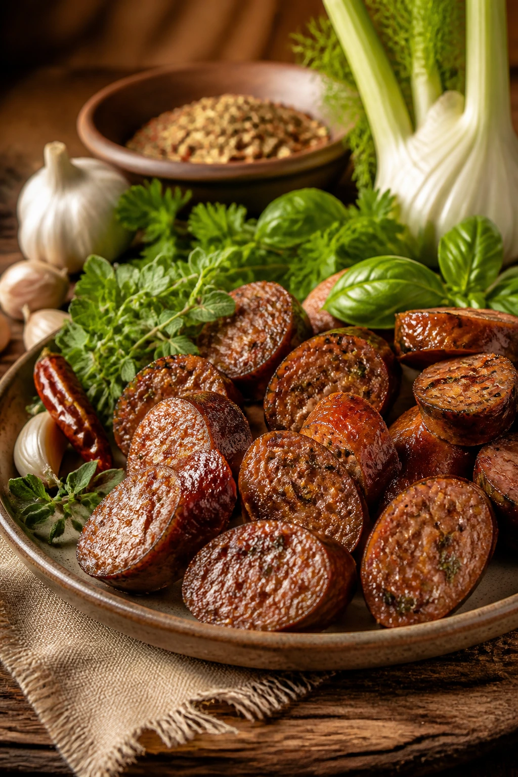 Plated herbed spicy Italian sausage with herbs