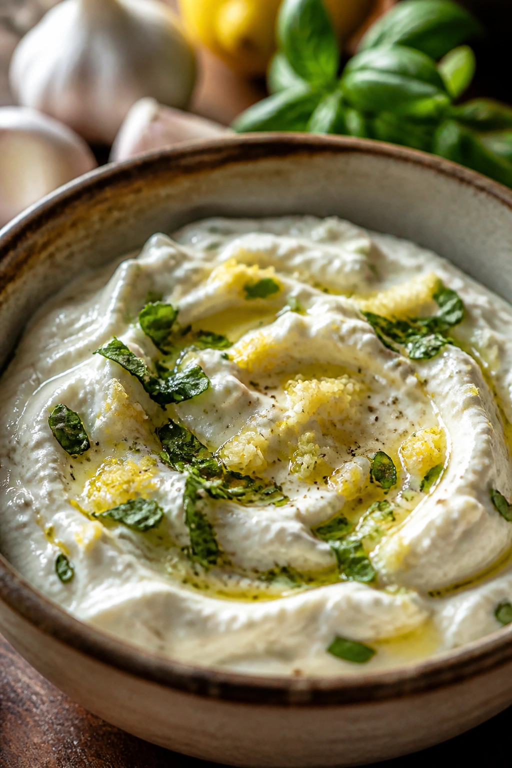 Dip with garlic paste and lemon zest in rustic bowl