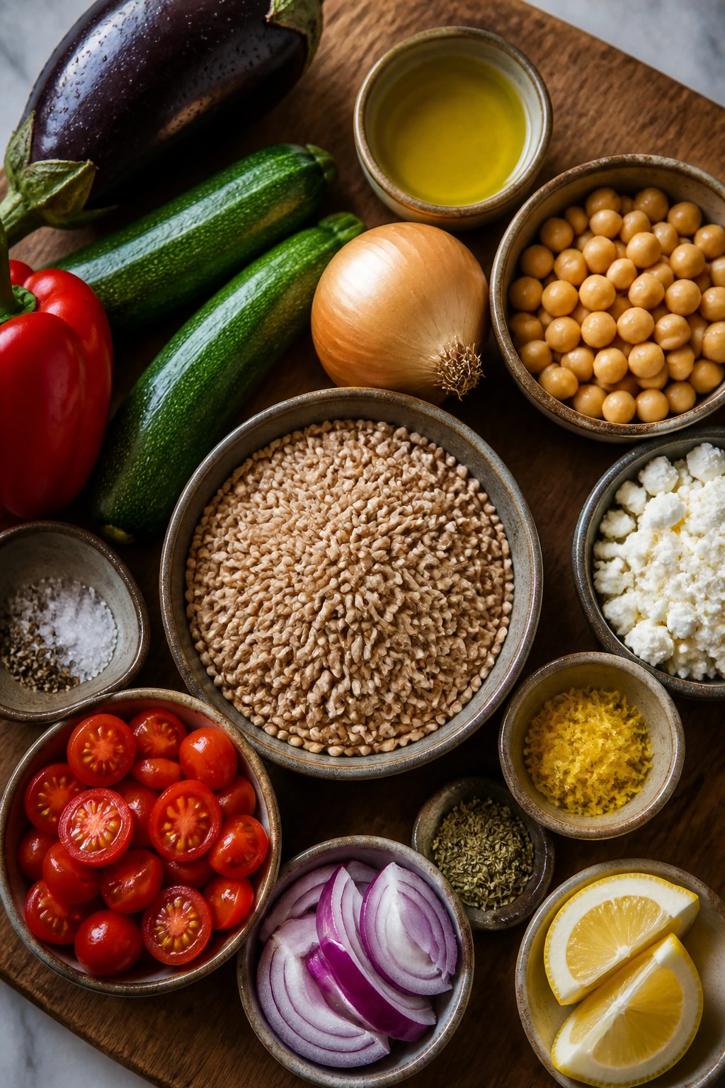 Top-down still-life of farro, vegetables, feta and chickpeas for Nonna-style bowl