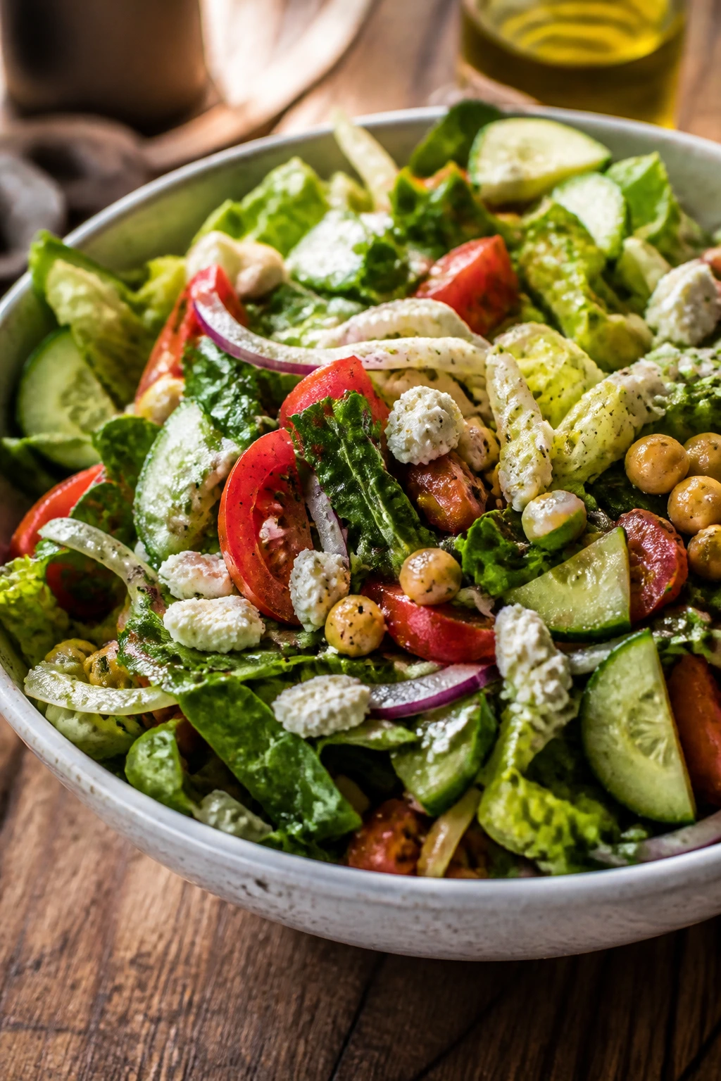 Rustic bowl of Nonna-inspired salad with chopped greens and feta on a wooden table