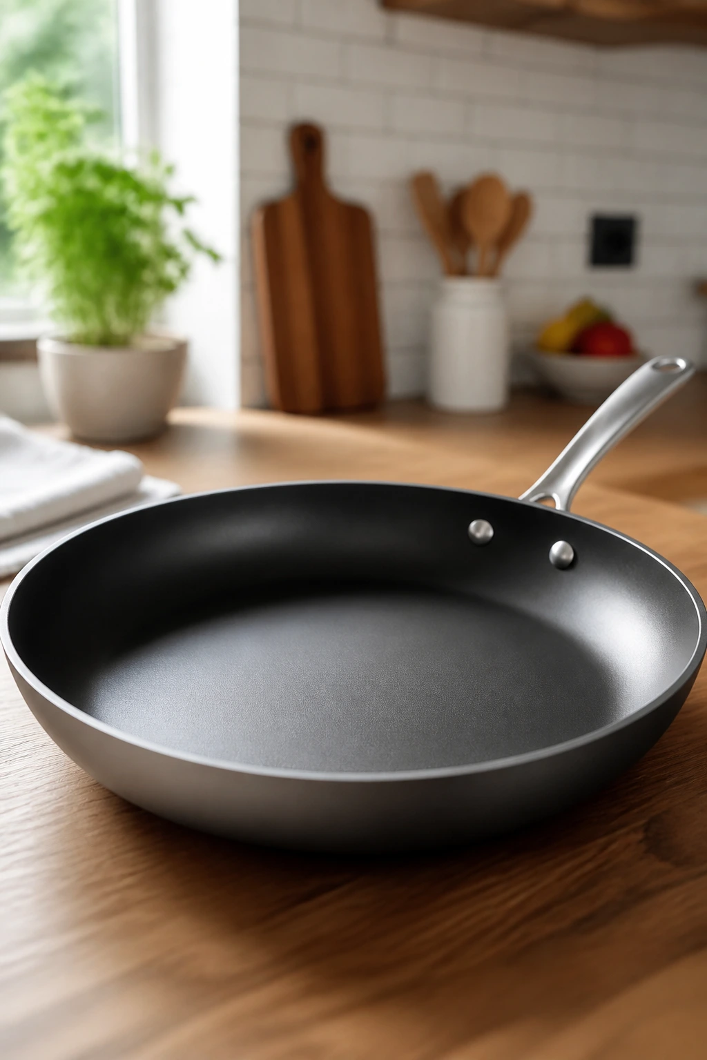 Close-up of a 10-inch nonstick skillet in a modern kitchen
