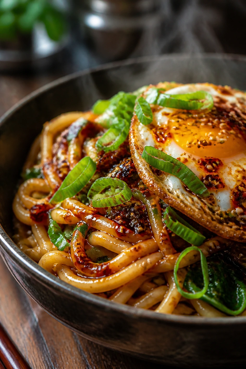 Noodle bowl with finishing touches like chili and sesame