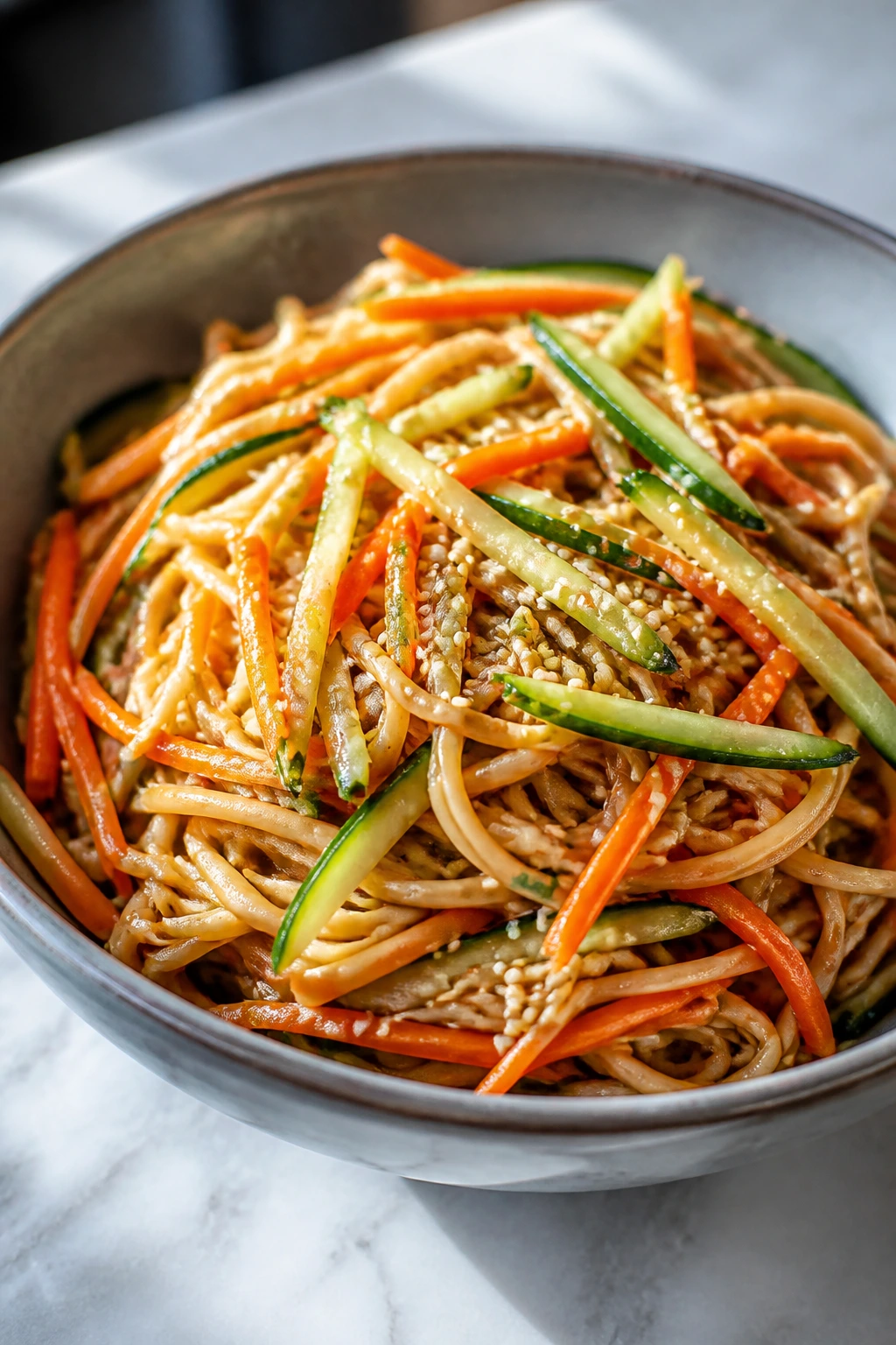 Noodle salad with sesame ginger dressing and julienned vegetables