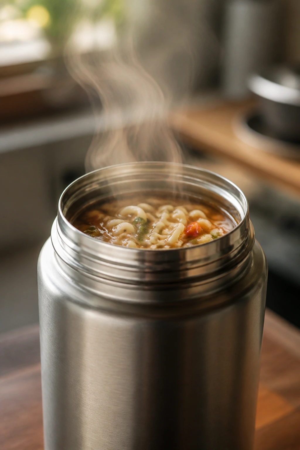 Steaming noodle soup visible in a thermos