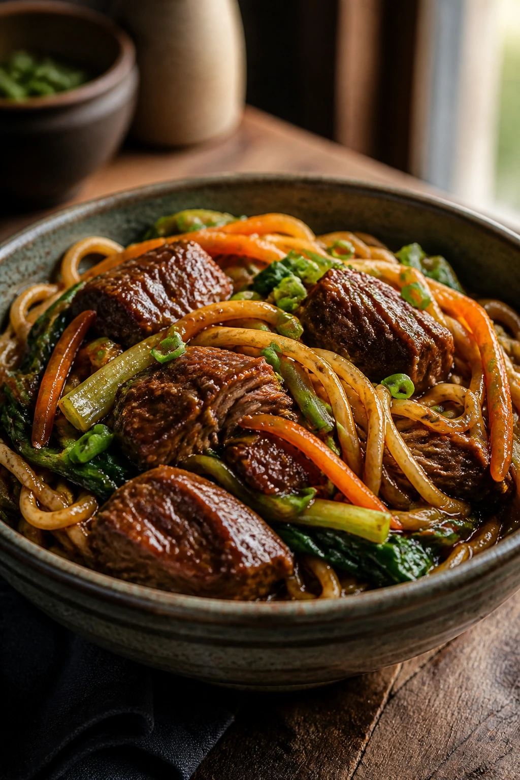 Glossy noodle bowl with braised meat on a rustic table