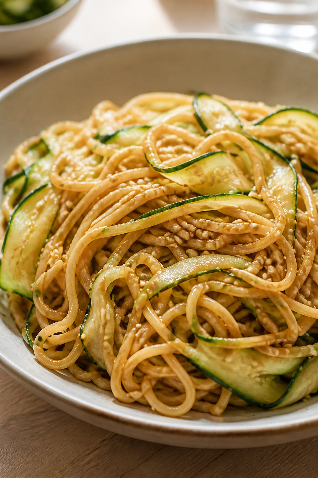 Close-up of cold sesame cucumber noodles in a bowl