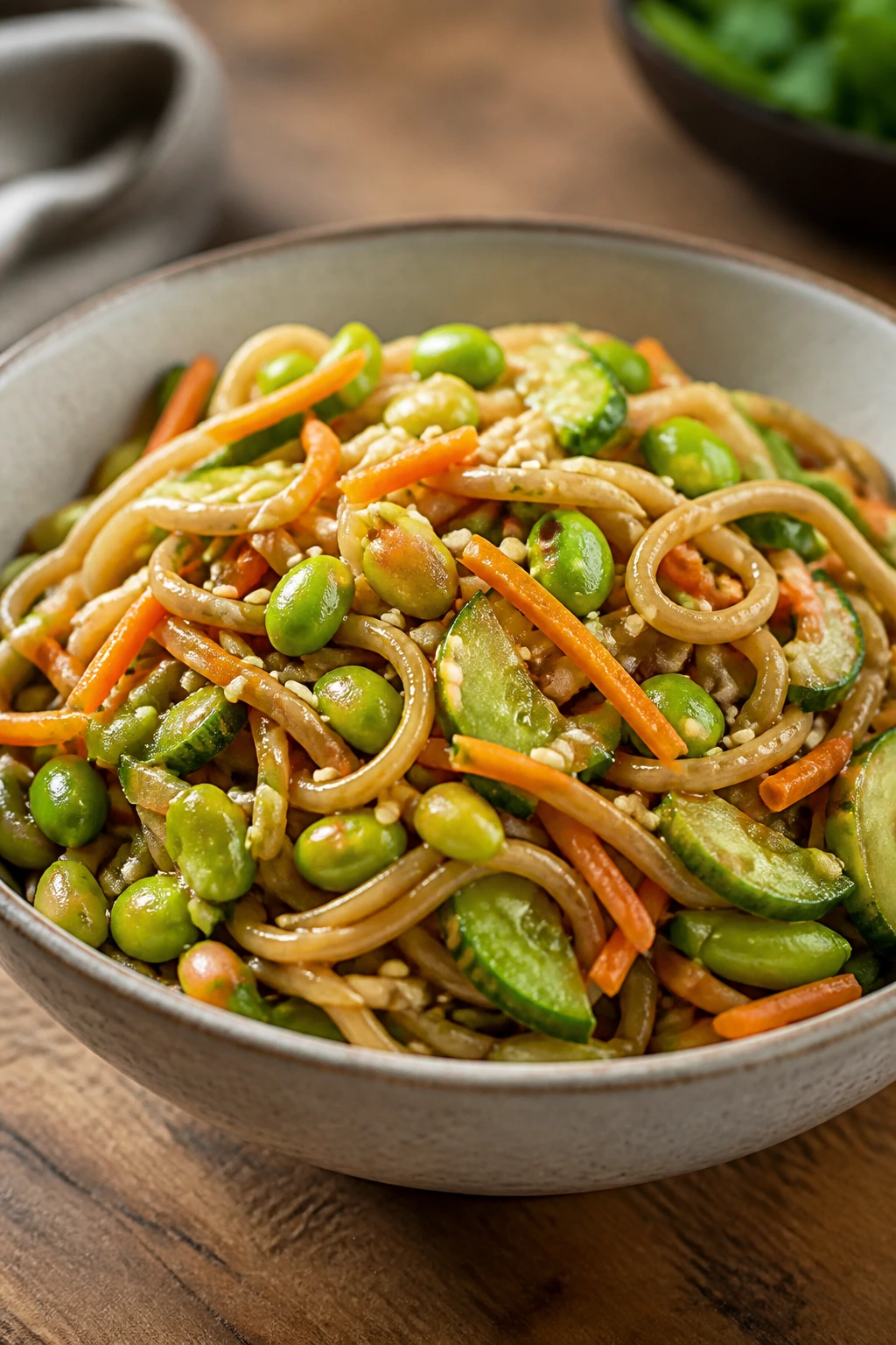 Noodle bowl with edamame, carrots, cucumber in sesame sauce