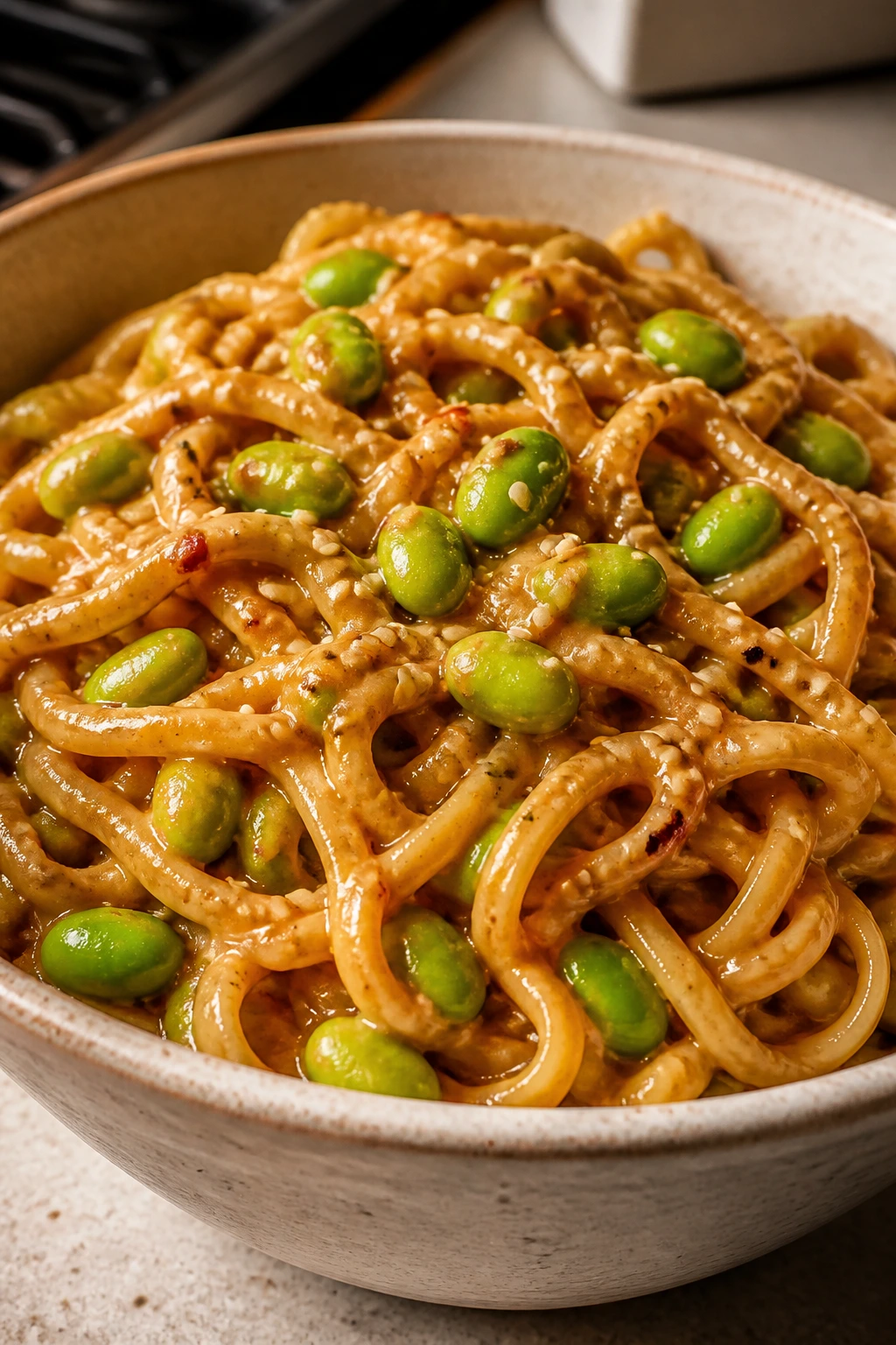 Close-up of peanut-sesame noodle bowl with edamame on a dorm kitchen counter