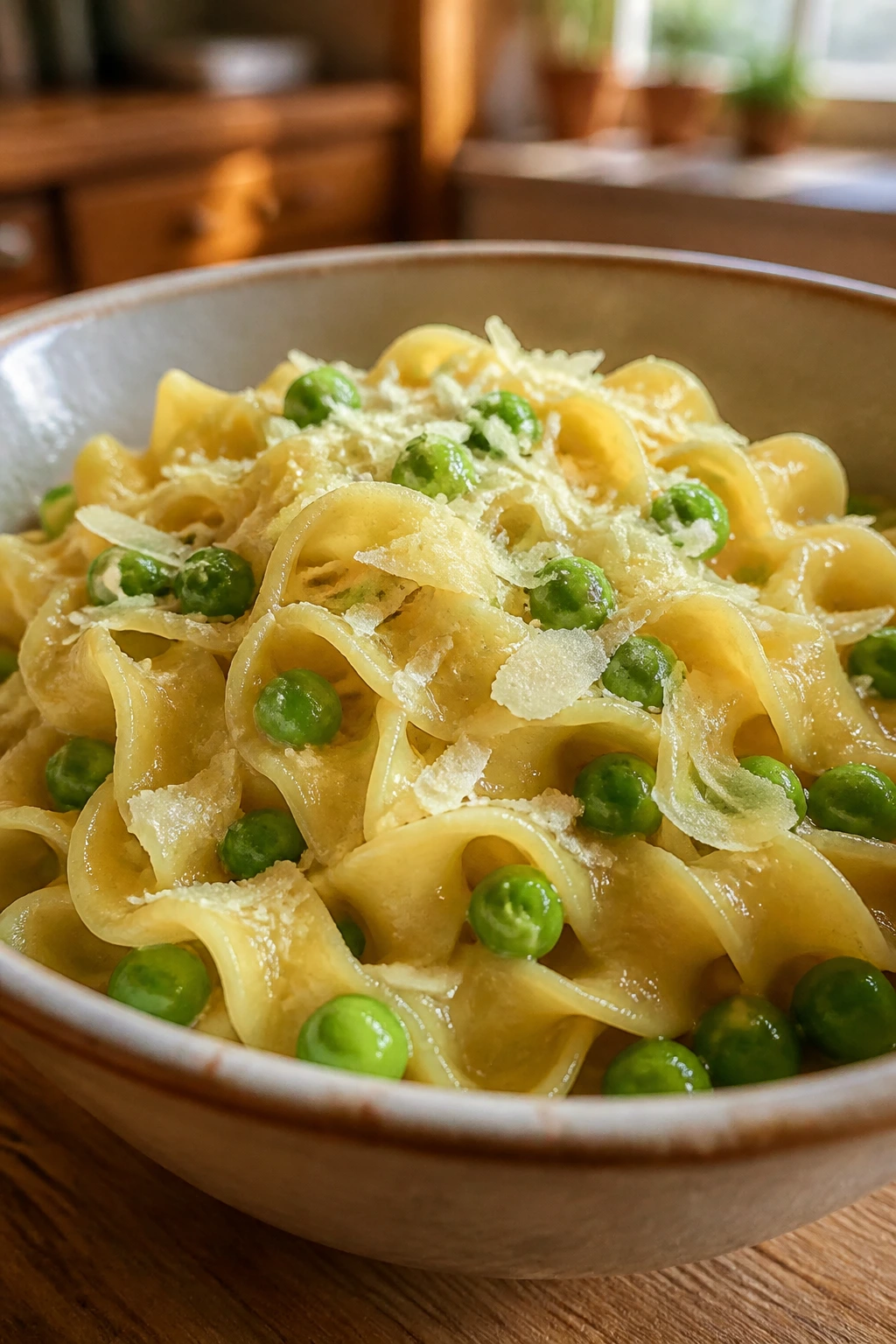Close-up of buttered noodles with parmesan and peas in a bowl.