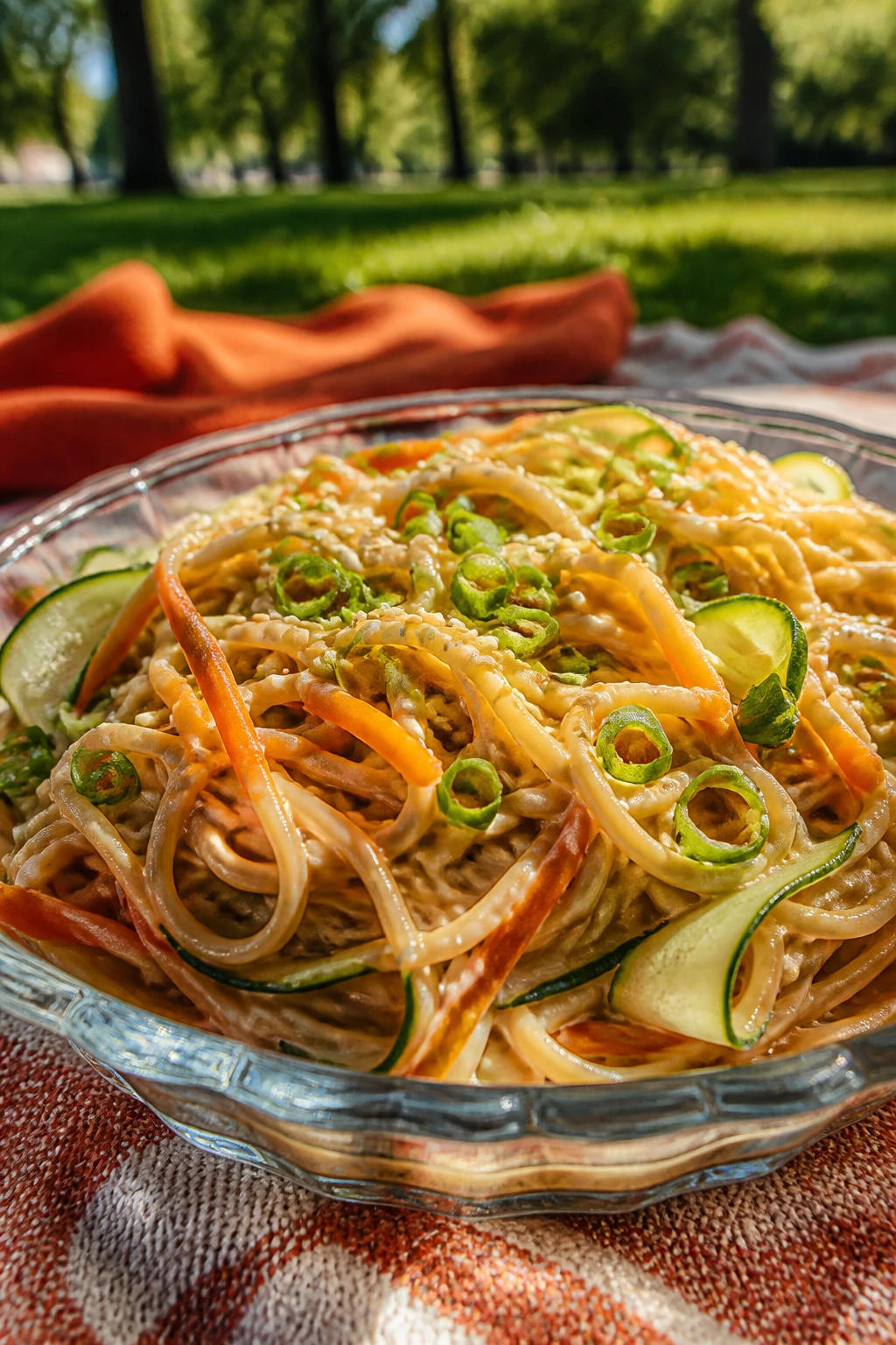 Noodle salad with peanut sauce in a shallow bowl on a picnic blanket.