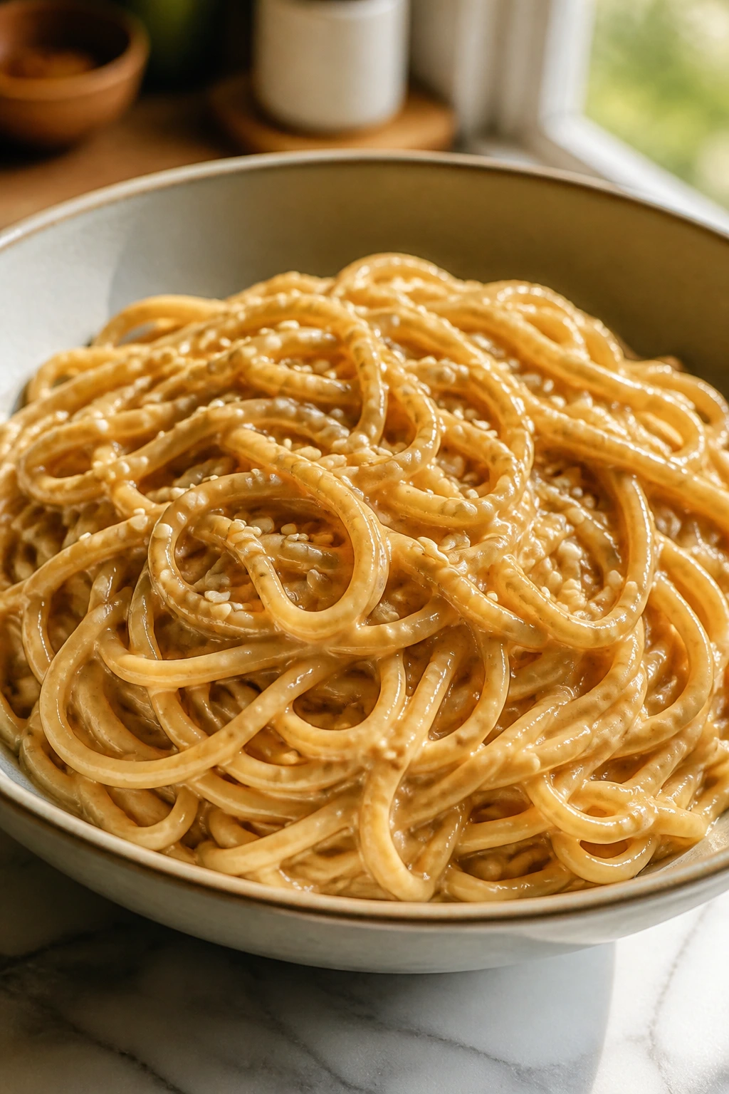Close-up of glossy peanut sauce noodles in a bowl