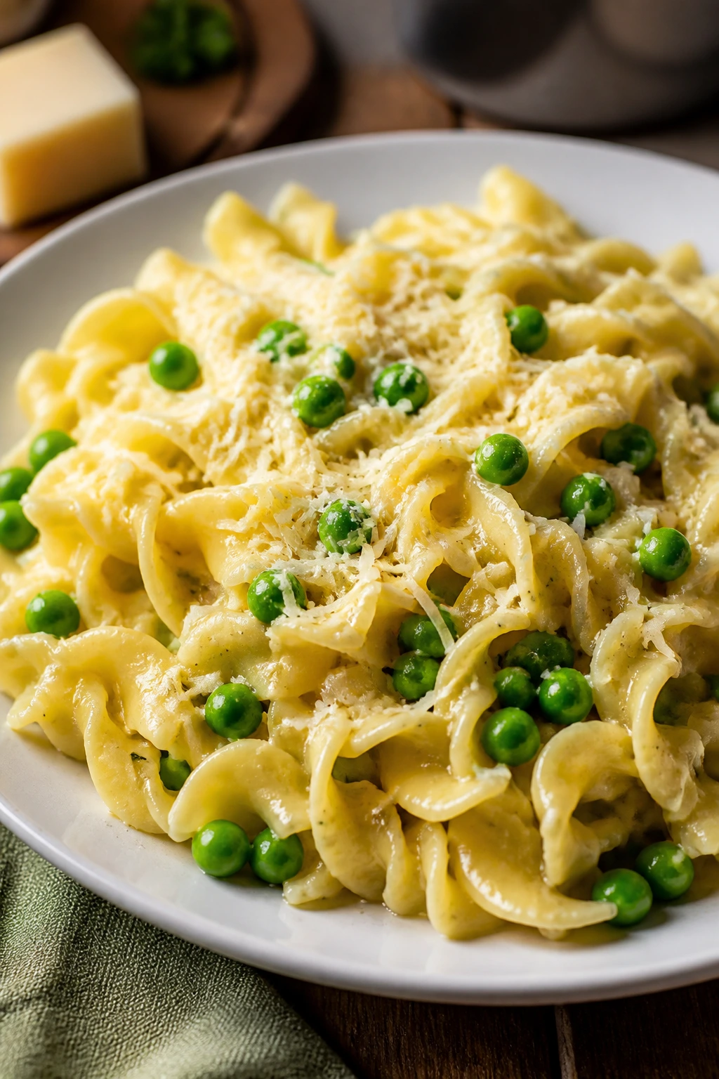 Close-up of buttered noodles with peas on plate