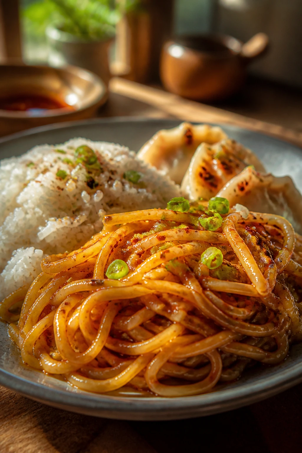 Plate with glossy noodles, rice, and dumplings coated in chili oil.