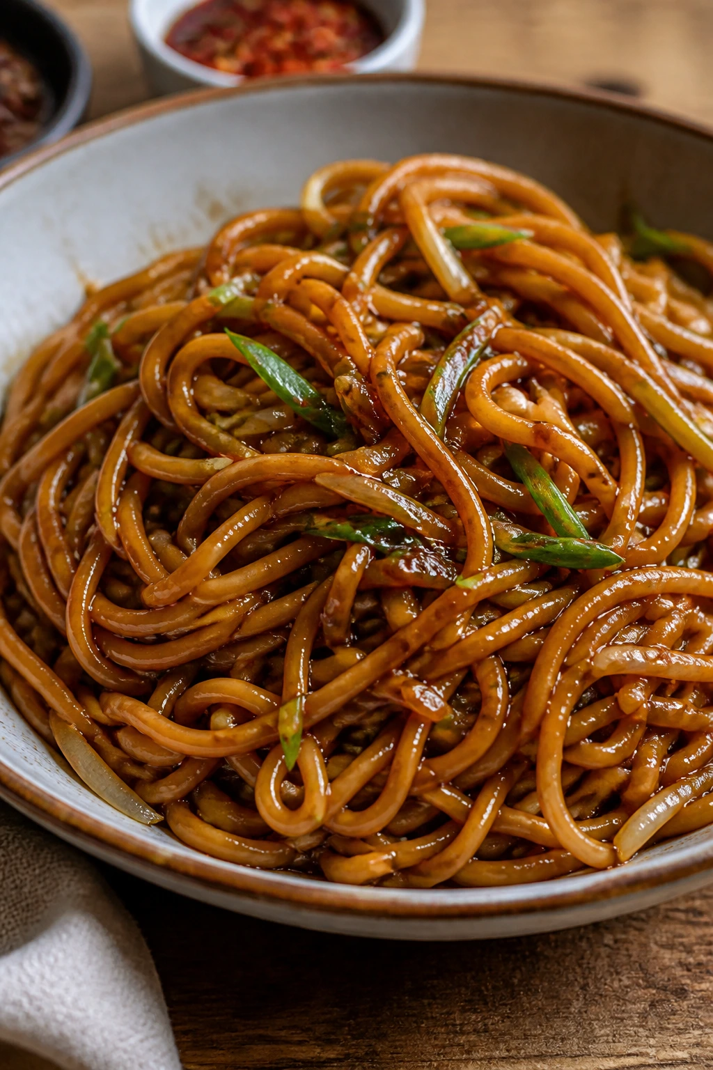 Noodles coated in glossy brown Asian sauce in a shallow bowl
