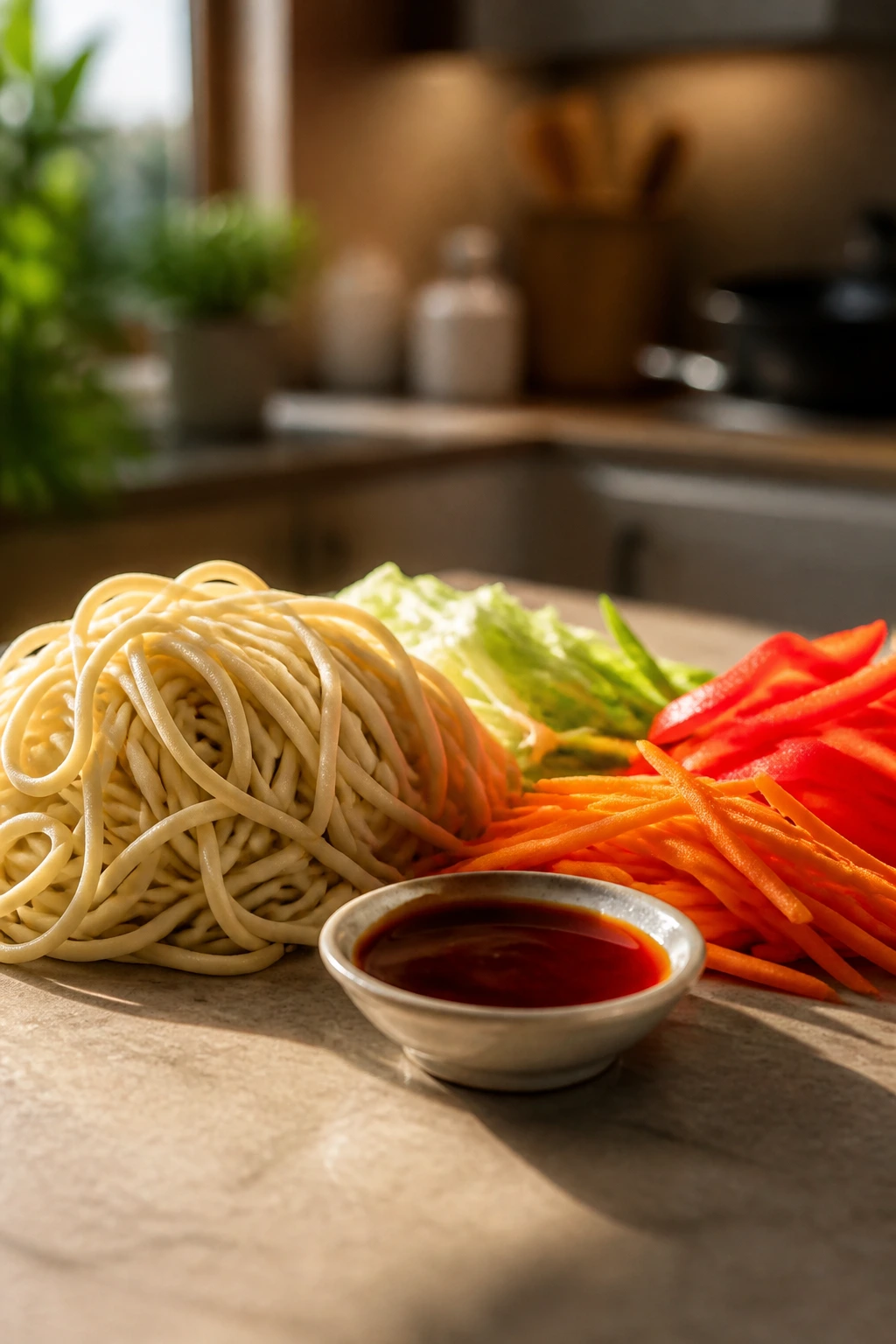 Still life of noodles, sauce, and vegetables on a kitchen counter