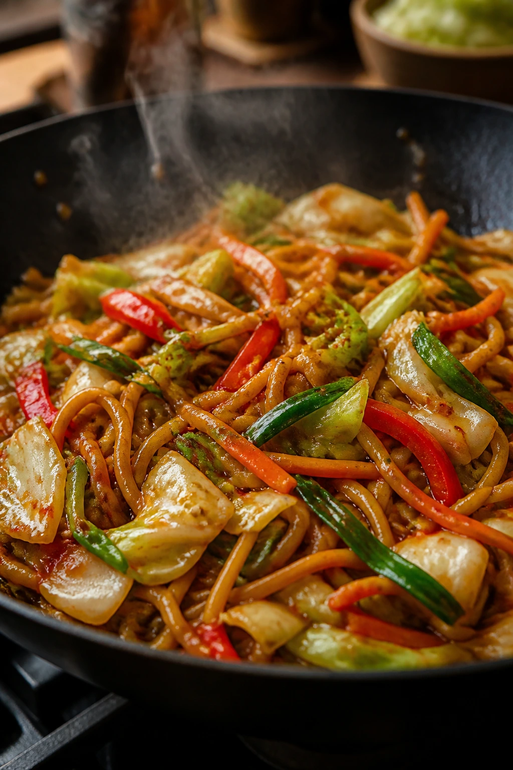 Pan with noodles and vegetables sizzling in sauce
