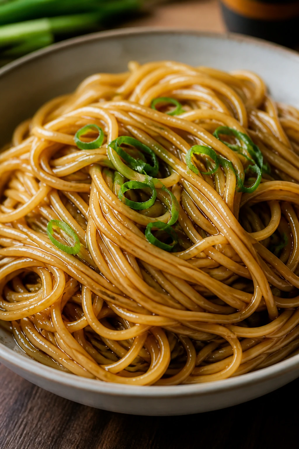 Glossy scallion oil noodles in a shallow bowl with scallions on top