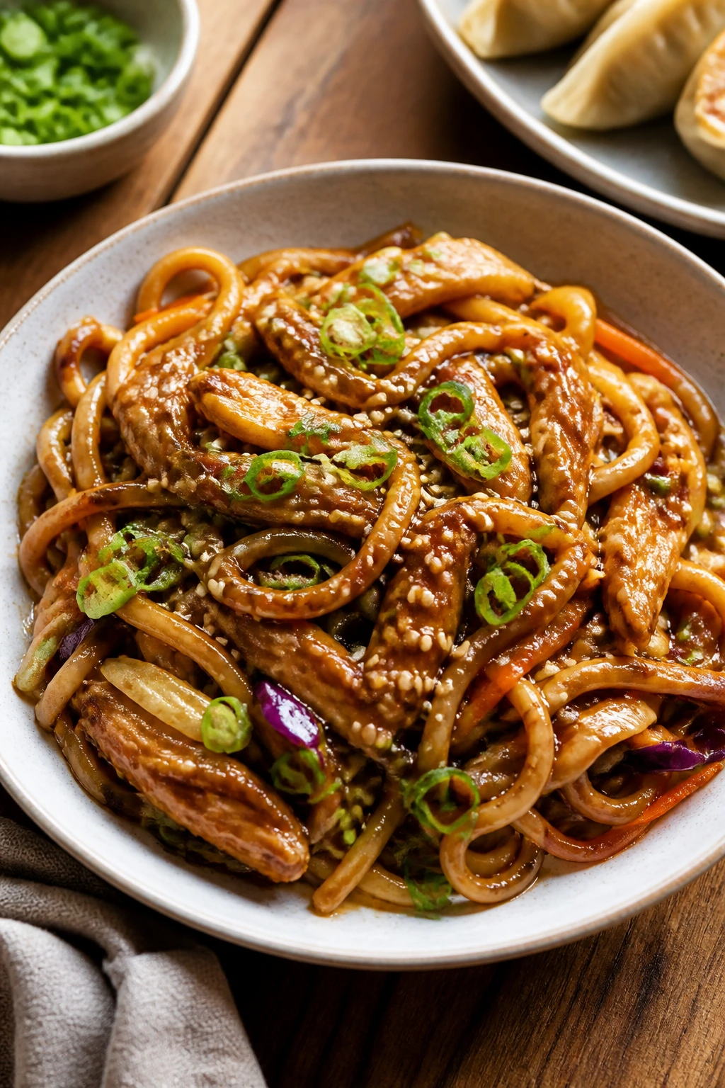 Top-down view of a plated noodle bowl with toppings in a wide shallow dish.