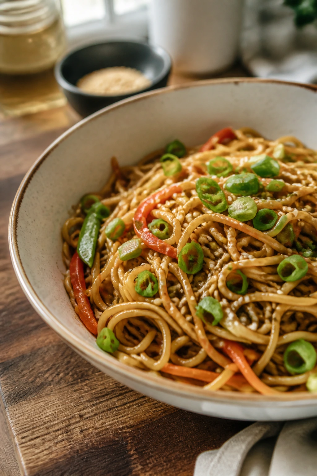 Close-up of a serving noodle bowl with scallions and sesame in a warm kitchen.