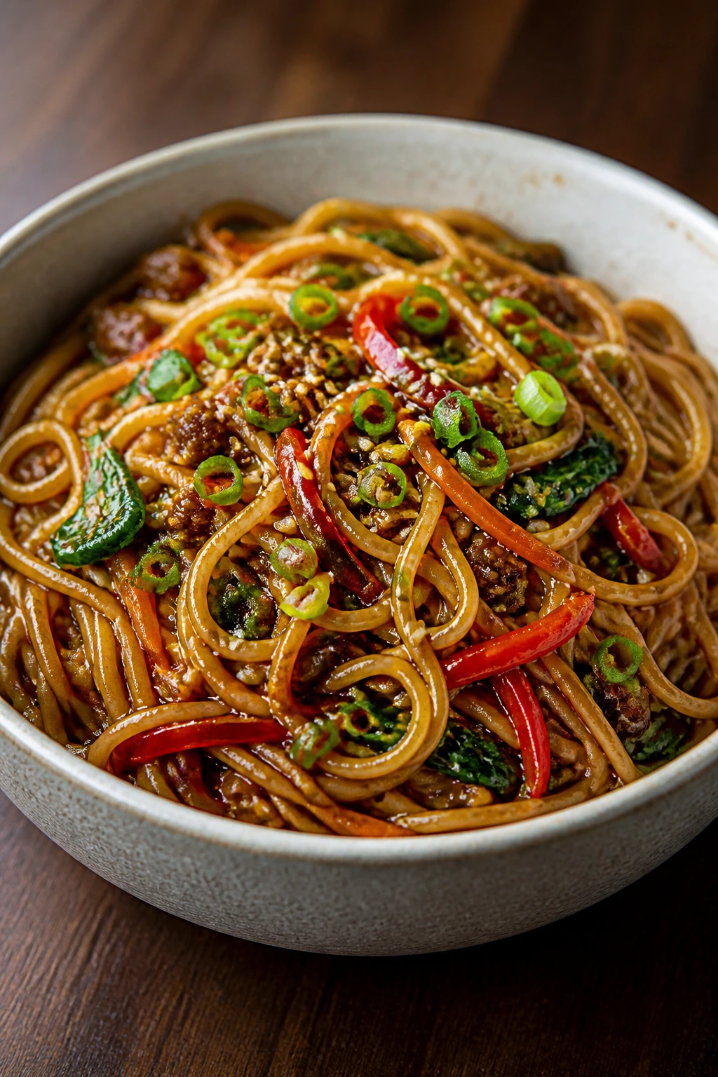 Glossy noodle dish served in a wide bowl with garnish