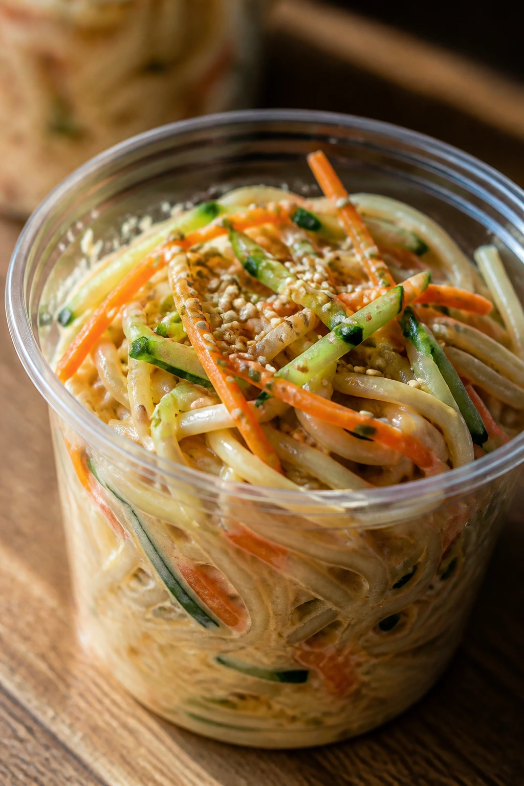 Close-up of sesame-dressed cold noodle cup with vegetables