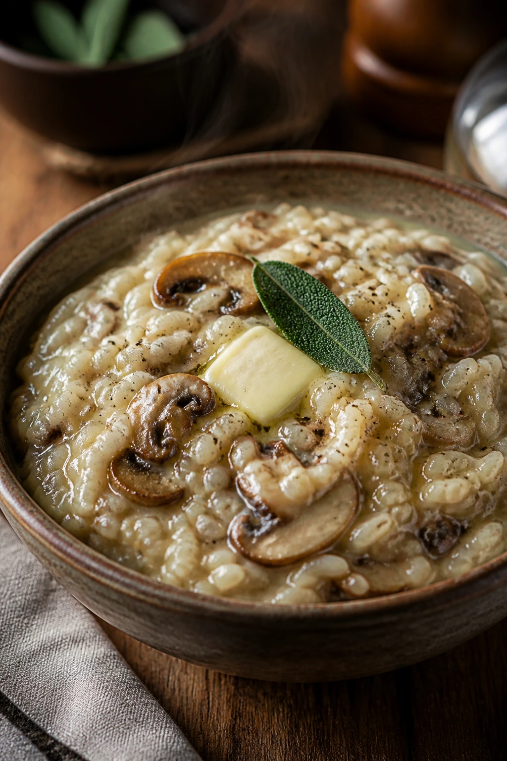 Creamy mushroom risotto with butter and sage, representing variations.