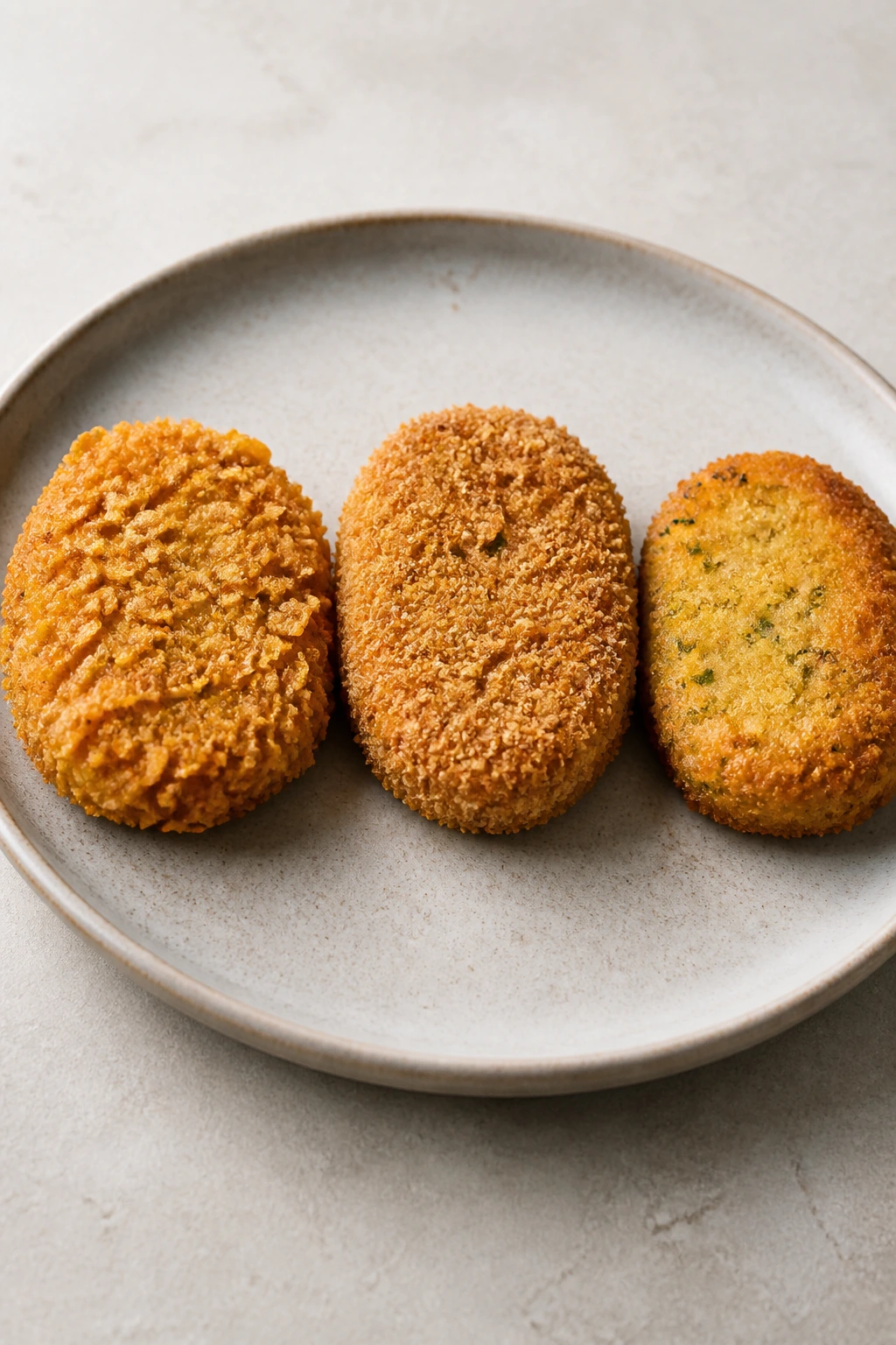 Three veggie nuggets with different crust textures on a plate