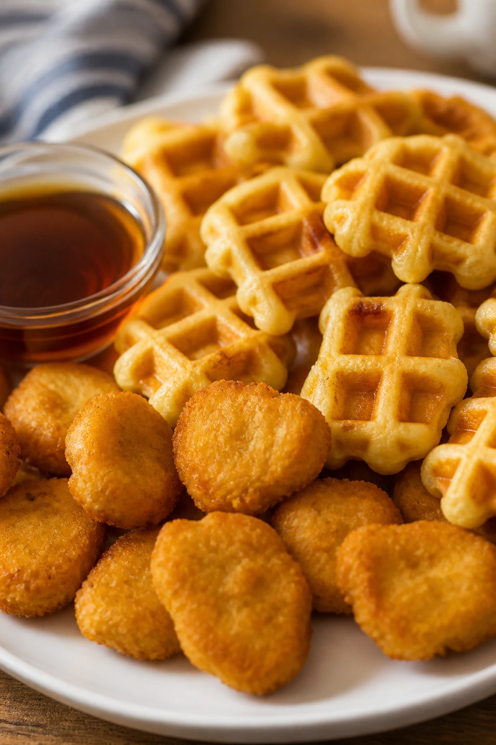 Plate of chicken nuggets and waffle bites arranged neatly