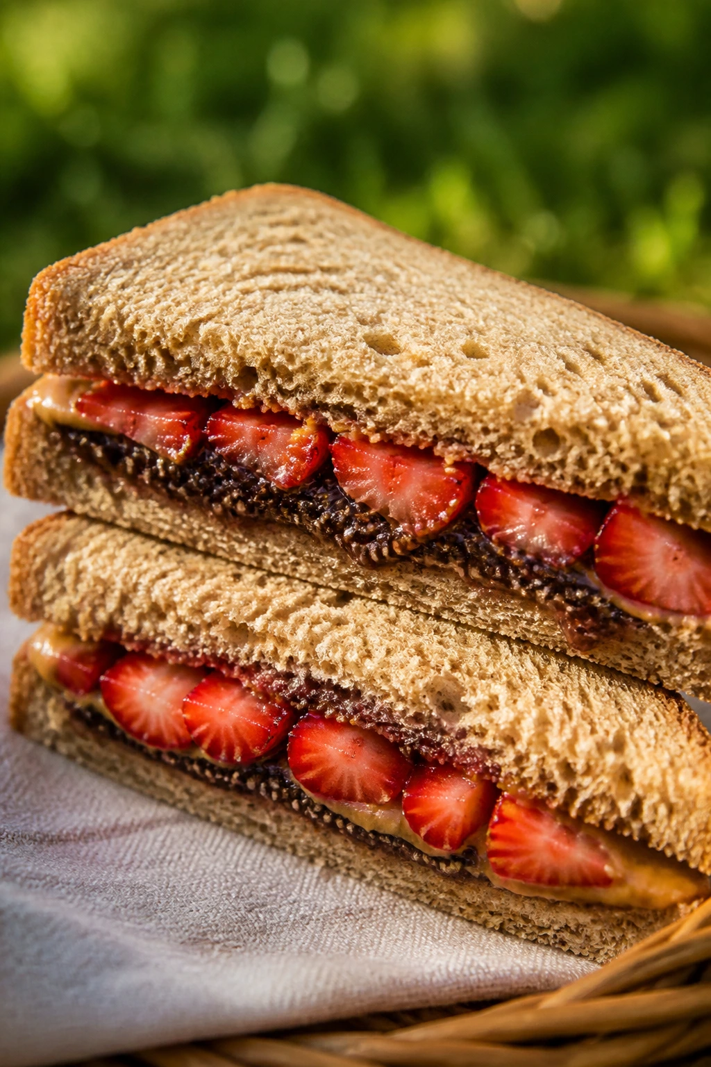 Close-up of a Nut Butter, Strawberry, and Chia Jam sandwich on a picnic table outdoors