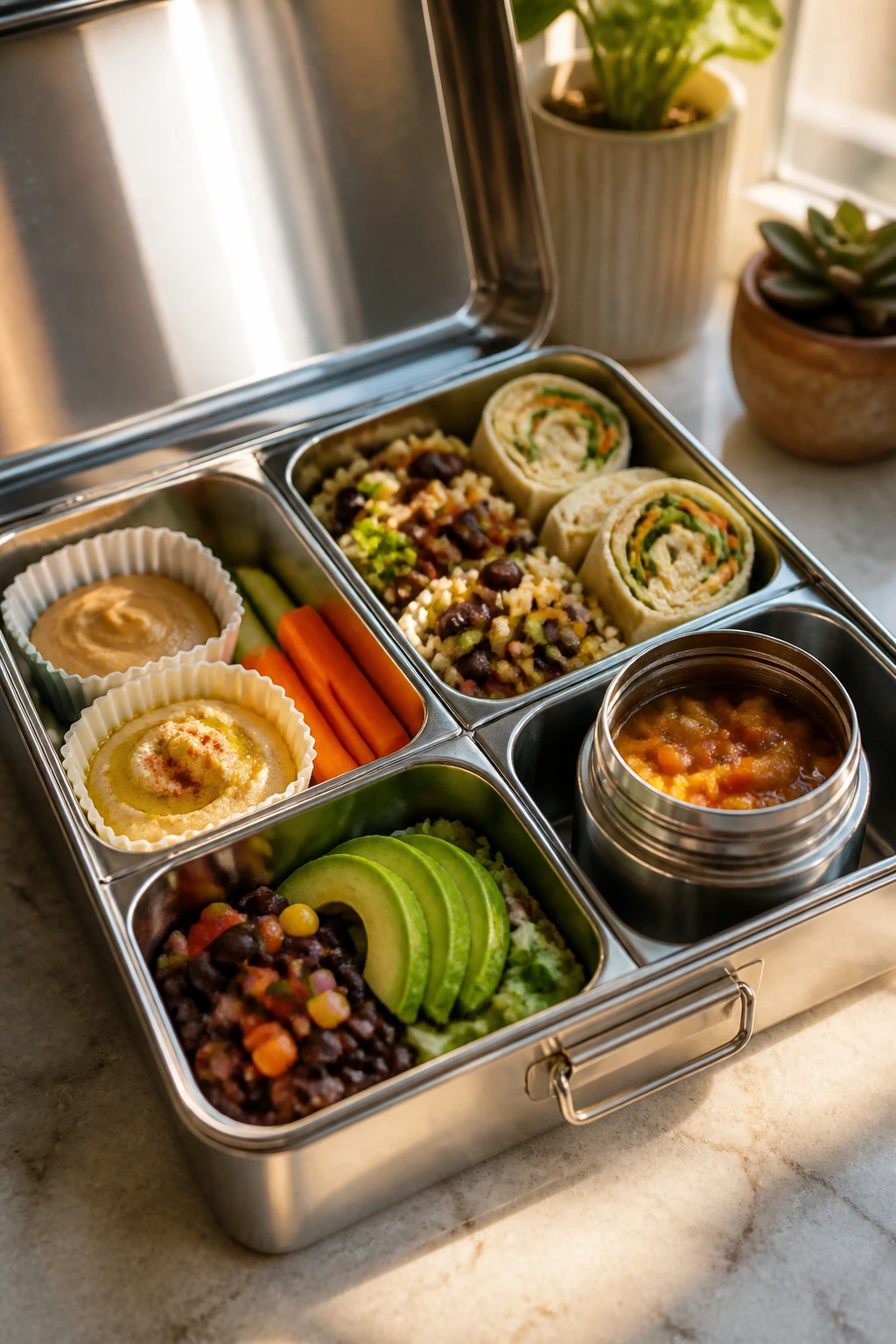 Close-up of a lunchbox with four sections showing nut-free, gluten-free, dairy-free, and hot-thermos lunch ideas