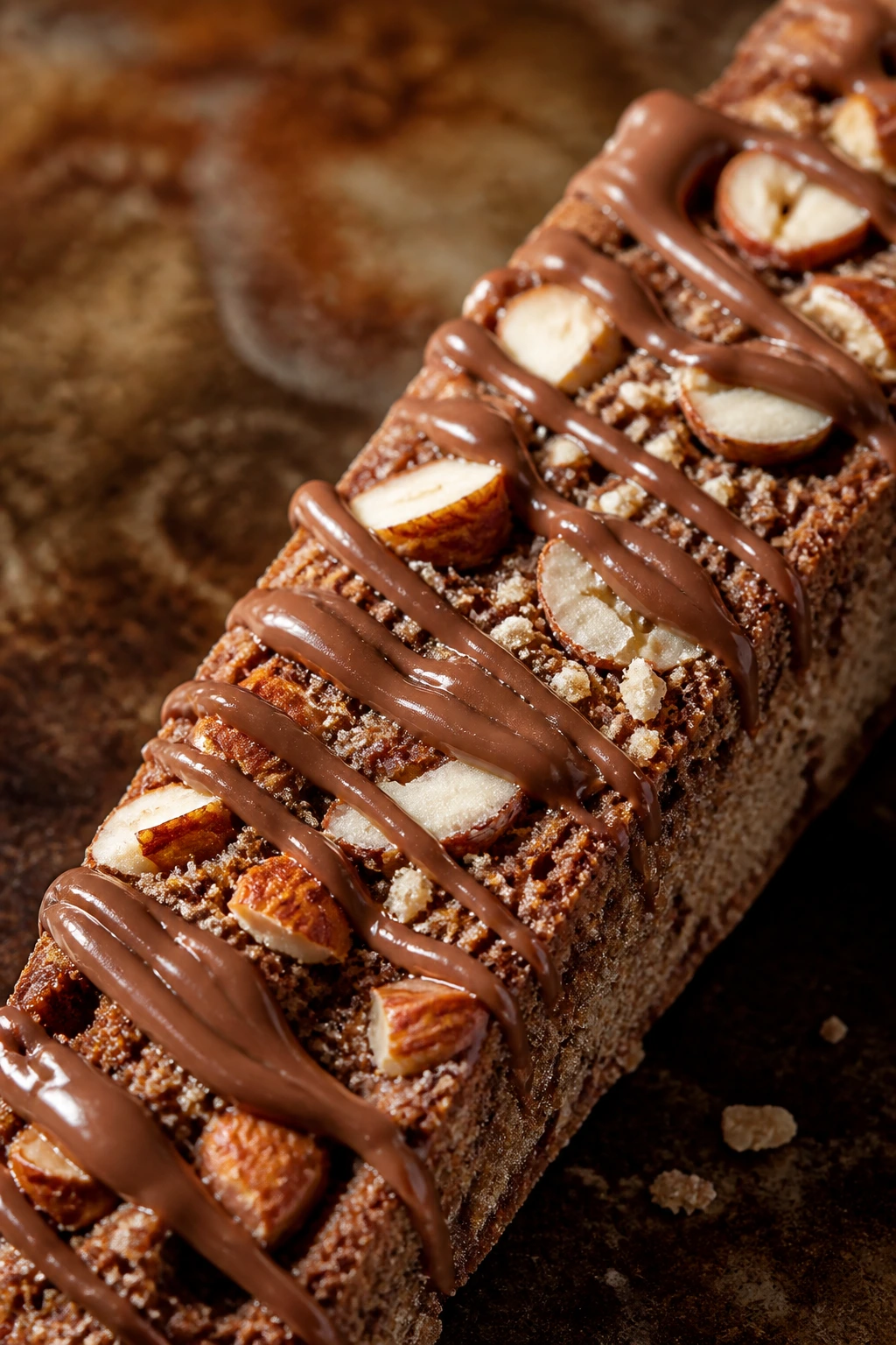 Biscotti with almonds and Nutella drizzle close-up