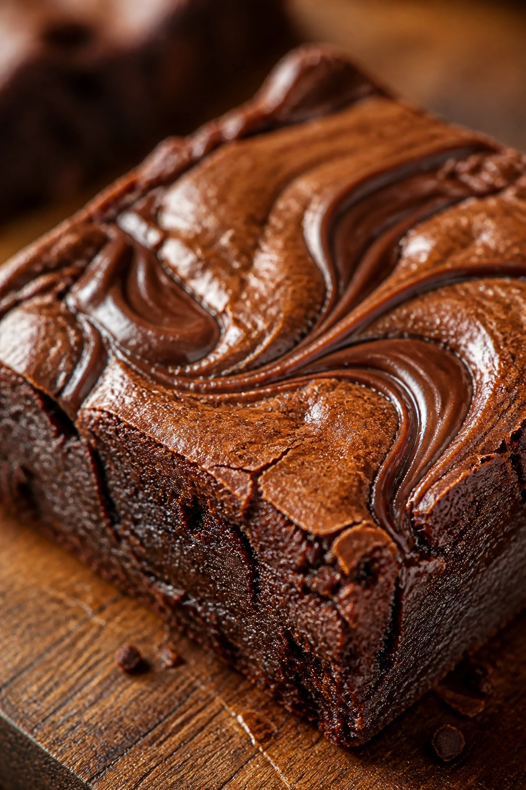 Close-up of a brownie with Nutella swirl on top in a cozy kitchen