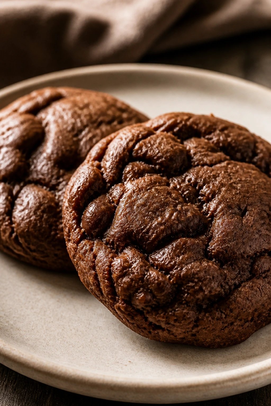 Two chewy Nutella cookies with brown edges on a plate