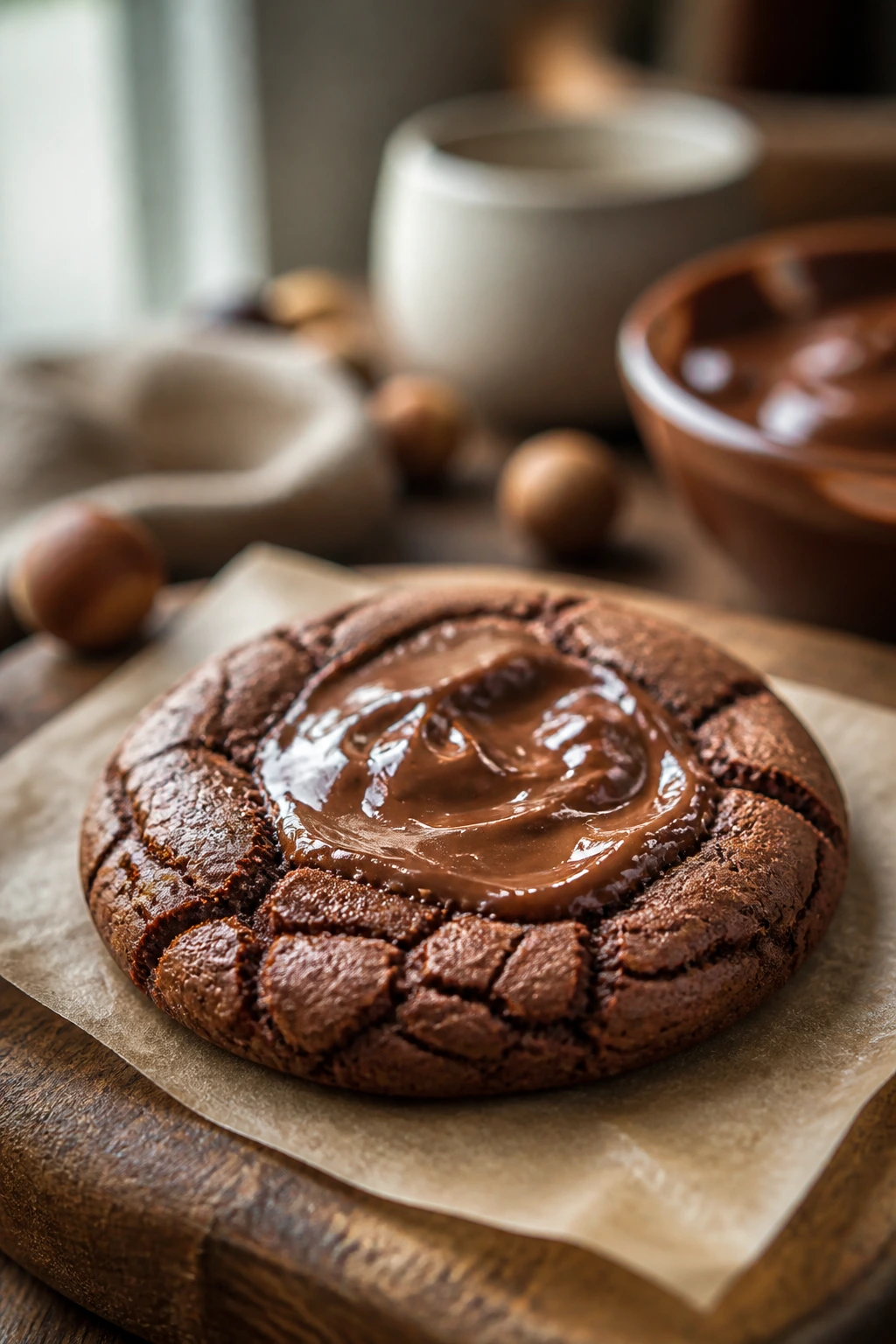 Close-up of a thick Nutella cookie with glossy center on parchment in a warm kitchen