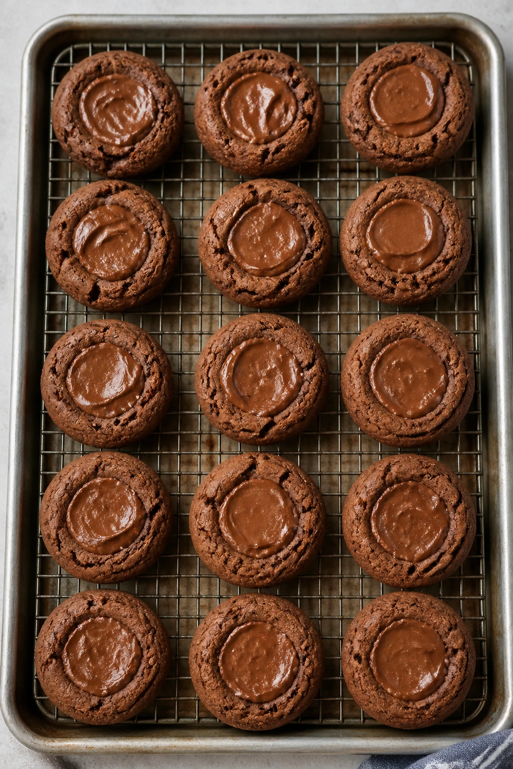 Tray of Nutella cookies cooling on a kitchen counter