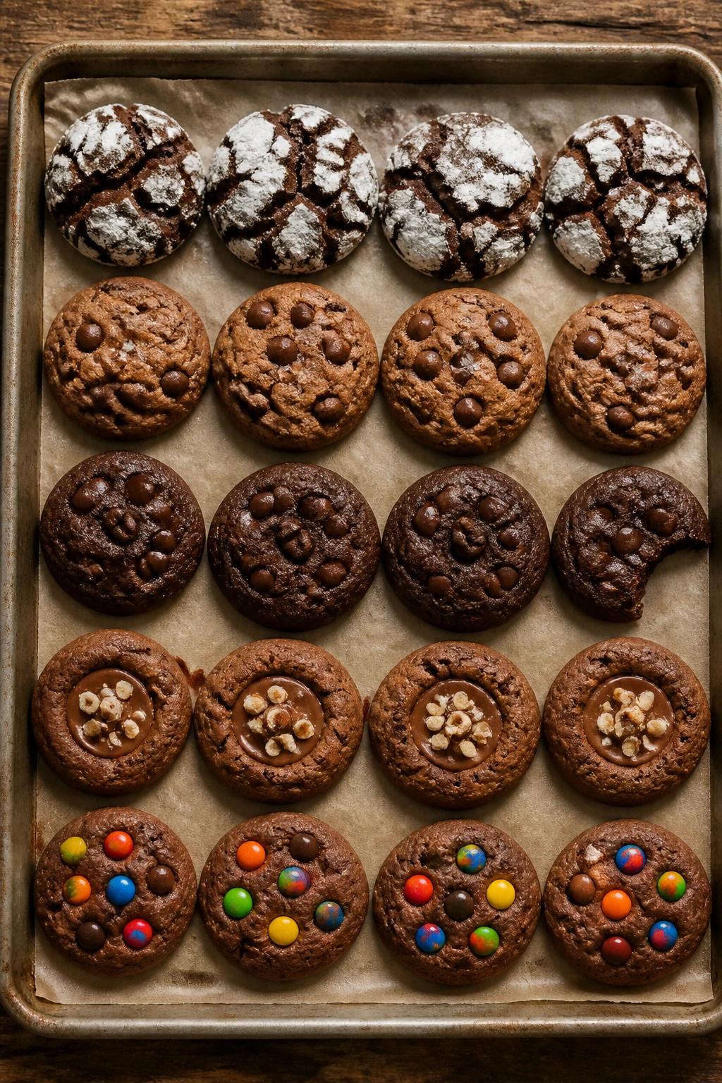 Top-down view of Nutella cookie variations on parchment-lined sheet