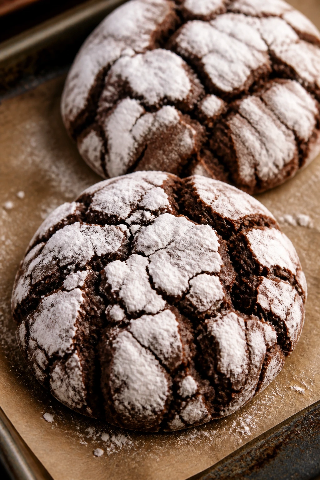 Two Nutella crinkle cookies with crackled sugar surface on parchment