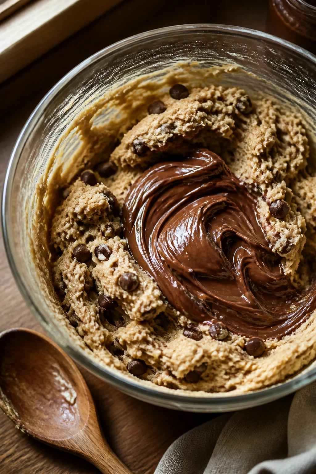 Dough being swirled with hazelnut-chocolate spread in mixing bowl.