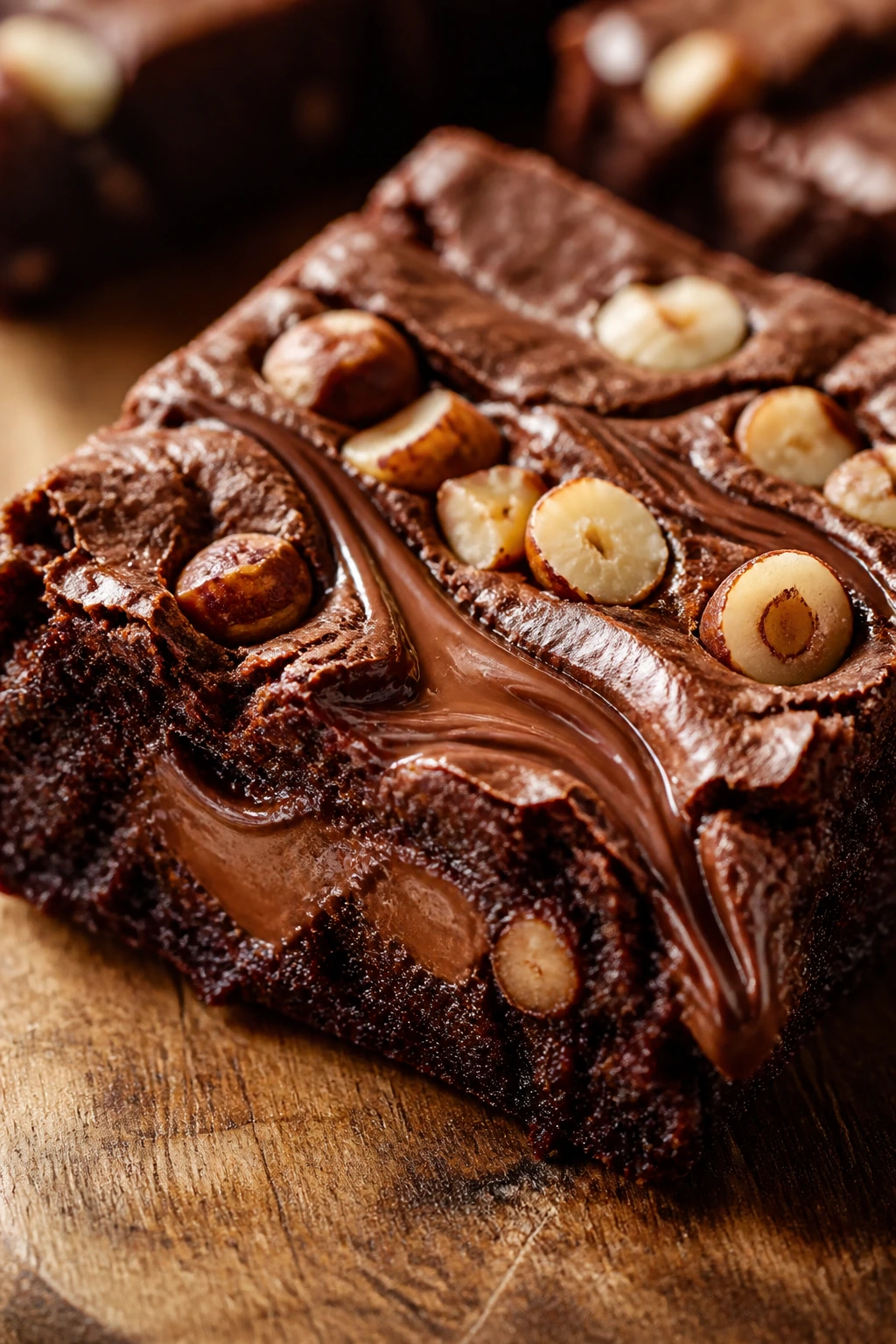 Close-up of Nutella hazelnut brownie with glossy top and Nutella swirl on wooden board