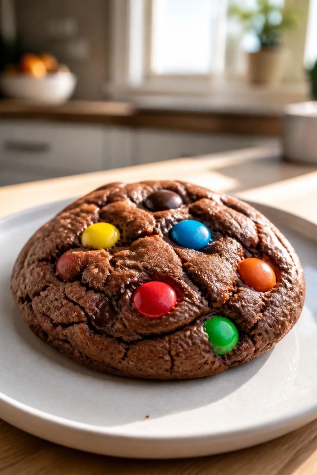 Close-up of Nutella M&M cookie with colorful M&M candies on plate