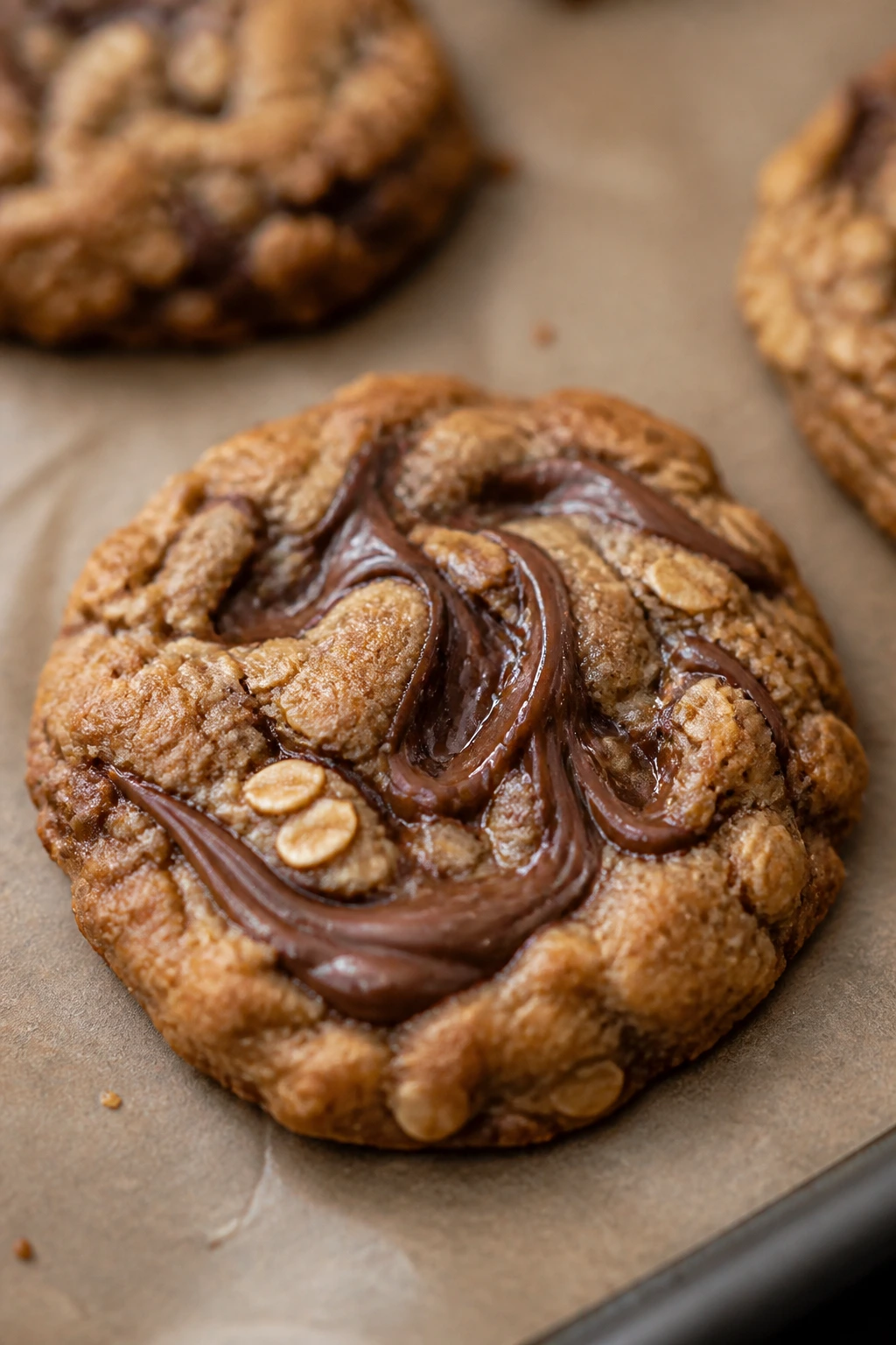 Oatmeal cookie with Nutella swirl on parchment in warm kitchen light