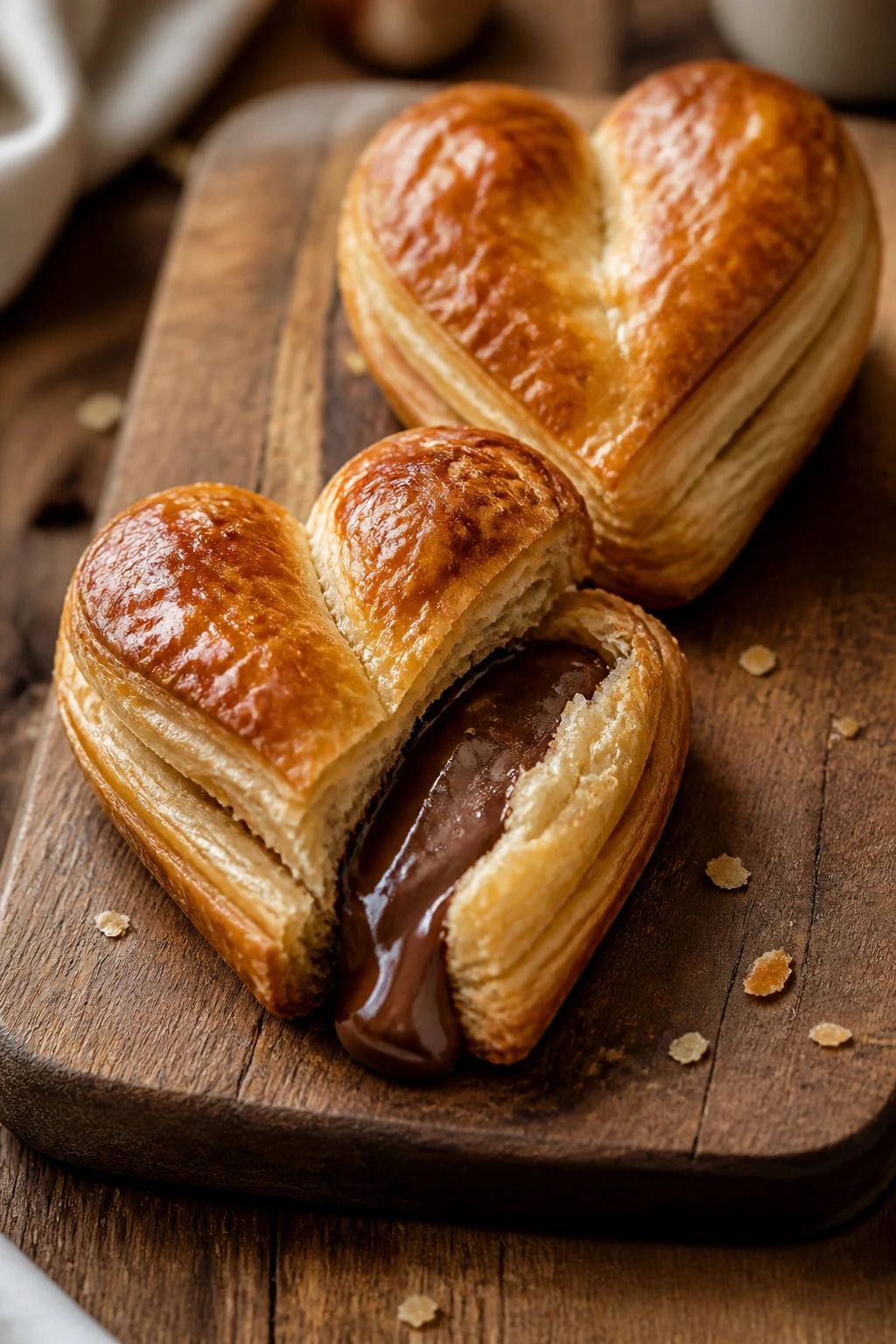 Nutella puff pastry hearts on wooden board